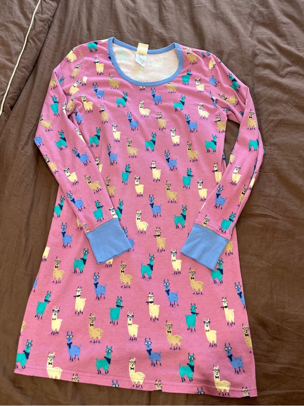 munki munki Pink Llama-Print Long Sleeve Nightgown with Blue Trim